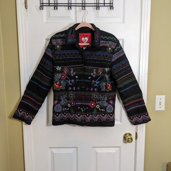 Chicos Anniversary Collection Black Wool Beaded Embroidered Floral Jacket size 1 - Picture 10 of 14